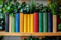Colorful hardcover books arranged in rainbow order on wooden shelf with fresh green houseplants, creating cozy home library atmosphere for reading and education.