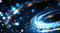 Glowing spiral of bright blue and white particles against dark background creates magical cosmic effect with bokeh lights and stardust trails.