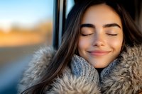 Young woman with closed eyes enjoying peaceful moment in cozy fur-trimmed winter coat during golden hour travel journey.