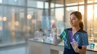 Professional Asian female scientist analyzing holographic DNA data and molecular structures in modern laboratory with digital interface technology.