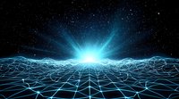 Futuristic digital landscape with glowing blue horizon and wireframe ground against starry night sky, creating technological terrain with bright light source.