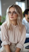 Young blonde businesswoman wearing glasses and beige blouse sitting in modern office environment looking confident and professional for corporate presentations.