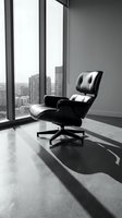 Modern black leather lounge chair with ottoman in minimalist high-rise office overlooking urban skyline, contemporary interior design and executive workspace concept.
