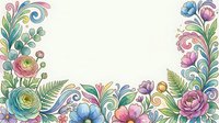 Colorful floral border with roses, ferns, and swirls in pastel watercolor style, framing a white copy space for greeting cards.