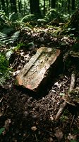 Moss-covered stone slab resting on forest floor surrounded by ferns and fallen leaves in dappled sunlight creating mystical woodland atmosphere.