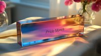 Iridescent glass or acrylic block with Pride Month text catching sunlight creates rainbow reflections on white surface, modern minimal LGBTQ+ celebration display.