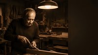 Senior Caucasian male craftsman working with wood in traditional workshop under warm lighting, focused on handmade carpentry project with vintage tools.