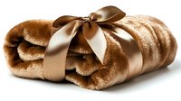 Rolled caramel-toned towel tied with satin ribbon bow, isolated on white background for spa, hospitality, gift packaging and luxury product design use.