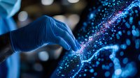 Scientist hand in blue glove examining glowing DNA structure with floating particles against dark background, representing genetic research and biotechnology advancement.