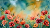 Watercolor poppy flowers blooming in spring meadow with vibrant red orange petals against dreamy blue sky background for botanical art projects.