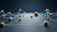 Abstract network visualization with golden and teal spheres connected by flowing lines representing data connections, technology infrastructure and digital communication systems.