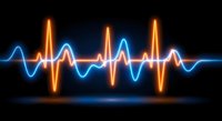 Glowing neon sound wave with orange and blue frequency lines on dark background for music technology and audio visualization projects.
