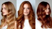 Three young Caucasian women showcasing different hair color transformations from blonde to auburn to brunette with flowing wavy hairstyles for salon services.