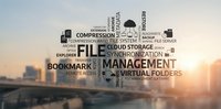 Digital file management word cloud with technology terms floating over blurred cityscape background for business and data organization concepts.
