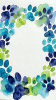 Watercolor frame with blue and green organic shapes creating decorative border on textured paper background for invitations and artistic projects.