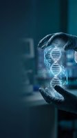 Scientist hands protecting glowing DNA double helix hologram in modern laboratory for genetic research and biotechnology innovation.