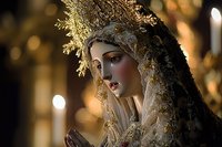Religious statue of praying Madonna wearing ornate golden crown and veil against soft candlelit background with bokeh lights creating spiritual atmosphere.