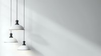 Minimalist white pendant lamps casting dramatic shadows on light gray wall, modern interior design elements creating clean architectural composition with diagonal light beam.