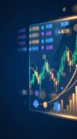 Digital financial trading dashboard with glowing candlestick charts and market data analytics on futuristic holographic display for investment analysis.