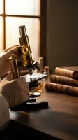 Gloved hands adjusting a vintage brass microscope on a wooden desk with antique books, warm light, evoking classic scientific research.