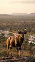 Majestic male antelope with curved horns standing on rocky outcrop overlooking vast savanna landscape at golden hour sunset with mountains in background.