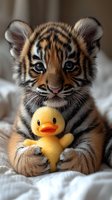 Adorable tiger cub holding yellow rubber duck toy on soft white bedding, cute baby animal with striped fur and bright eyes for nursery decor and children content.