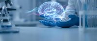 Medical professional holding holographic brain model in laboratory for neuroscience research and healthcare technology applications.