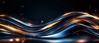Luminous flowing waves of blue and gold light create dynamic motion effect against dark background with glowing particles and reflective surface.