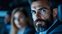 Focused bearded businessman with intense blue eyes in modern office environment with female colleague in background for corporate presentations.