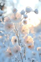 Delicate white cosmos flowers backlit by soft morning light against ethereal blue bokeh background, creating dreamy atmospheric garden scene for nature photography.