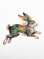 Ornate leaping rabbit with colorful floral and wave patterns, gold accents, isolated on transparent background. Great for stickers, t-shirt design, print on demand.