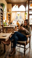 Young woman relaxing with coffee in cozy bookstore cafe wearing knit sweater and boots enjoying warm atmosphere with wooden furniture and soft lighting.