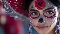 Young woman with sugar skull makeup featuring red rose, rhinestones, and artistic face paint in Day of the Dead style against blurred red background. Perfect for Halloween designs.