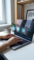 Person working on laptop with cybersecurity icons displaying data protection, privacy shield and fingerprint authentication in modern home office workspace.