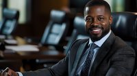 Professional African American businessman in suit smiling confidently at camera in modern office environment for corporate and business presentations.
