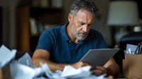 Middle-aged Caucasian businessman with gray hair and beard working late at home office, reviewing documents and using digital tablet in dim lighting.
