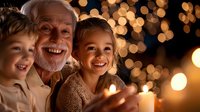 Joyful multigenerational family moment with senior man and children looking at glowing candle light against warm bokeh background during holiday celebration.