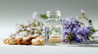 Glass bottle of essential oil with almonds, cashews and purple flowers on light background for aromatherapy and natural skincare products.