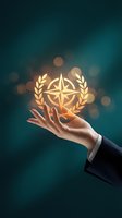 Business hand holding glowing compass with laurel wreath symbol representing leadership, direction and achievement in corporate success concept.