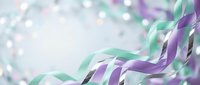 Festive purple and green ribbons with sparkling bokeh lights creating elegant celebration background for party invitations and holiday designs.