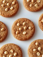 Fresh baked white chocolate chip cookies arranged on white background, golden brown with melted chips, close up view showing texture and pattern.