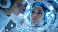 Young female astronaut in spacesuit helmet with glowing blue interface projections, looking up with determination while mission control specialist monitors. Sci-fi concept.