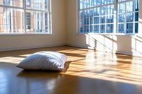 Sunlight streaming through large windows casting geometric shadows on hardwood floor with single white pillow, creating minimalist zen atmosphere in empty room.