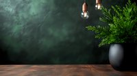 Moody dark green wall with wooden table, hanging light bulbs and decorative plant in black vase creates atmospheric interior background for product display.