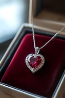 Elegant heart-shaped pendant necklace featuring deep red gemstone surrounded by sparkling diamonds on silver chain, displayed on luxurious burgundy velvet background.