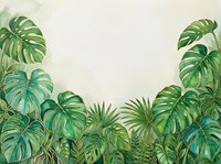 Tropical foliage border with lush green monstera and palm leaves on cream background, isolated for design use on invitations, posters, and botanical projects.