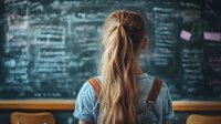 Young female student with long blonde hair in ponytail looking at complex mathematical equations written on green chalkboard in classroom, view from behind.