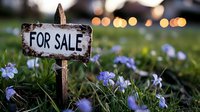 Rustic wooden for sale sign in blooming spring garden with purple flowers and soft bokeh lights at dusk, real estate and property concept.