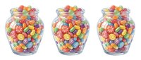 Colorful breakfast cereal loops in glass jars isolated on white background, ready for packaging design, advertising, and retail product mockups.