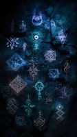 Mystical glowing symbols and geometric shapes on dark stone wall with magical neon blue and purple illumination create an otherworldly atmosphere.